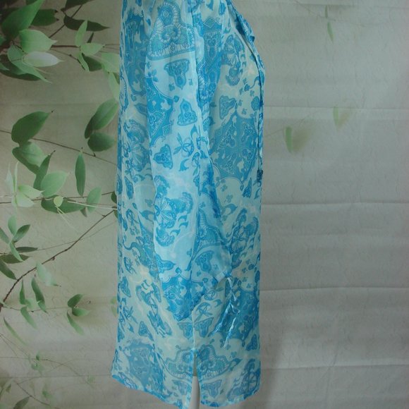 Sheer Blue Tones Open Long Sleeve Boho Mehndi Style Floral Side Slit Cover Up - Picture 5 of 16